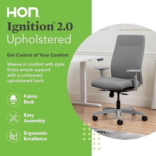 Image of HON Ignition 2.0 Ergonomic Office Chair with Adjustable Arms, Standard Synchro‑Tilt Recline, Upholstered Desk and Computer Chair for Home Office or Workstation, Titanium Frame, Frost
