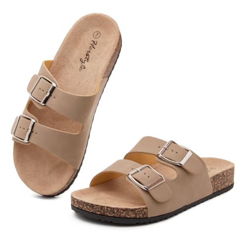 Image of Herstyle Womens Cork Footbed Slides for Women, Double Strap Flat Sandals, Adjustable Buckle Comfort Slip On Shoes, Summer Beach Casual Walking Slippers