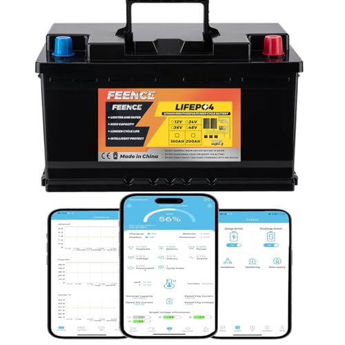 Feence Mini Size 12V 100Ah LiFePO4 Batterie Bluetooth, Lithium Batterie mit 100A BMS Autobatterie,15000 Zyklen & 10 Jahre Lebensdauer für Wohnmobil, RV, Marine, Energieversorgung, Off-Grid System