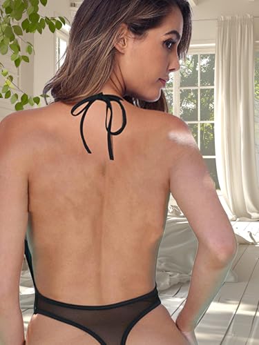 Women's Deep V Teddy Sheer Mesh Babydoll Bodysuit Underwear2