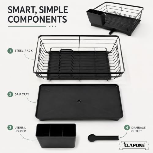 Image of CLAPONE 1 Tier Dish Drying Rack for Kitchen Countertop, Large Dish Drainer with Drainage Spout, Utensil Holder, Plate & Cup Storage Rack, Countertop Utensils Organizer Black (42x29x16 CM)