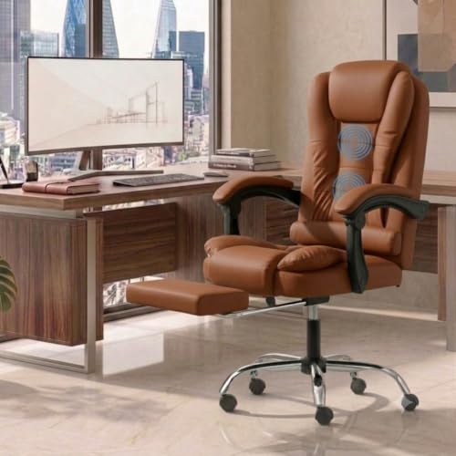 Image of Italia Leatherette Office Chair for Work | Boss Chair, Luxurious Cushioned Arms & Seat, 2 Point Back Massager, Adjustable Leg Rest, Heavy Duty Metal Base (Mud Brown)