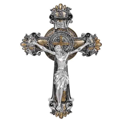 Saint St Benedict Crucifix Medal 2 Tone Wall 10 1/4 Inches, St Benedict Medals Crucifix Wall Cross Large, Hanging Catholic Jesus Christ Cross Wall Decor Religious Gifts, Cruz Del Medalla De San Benito