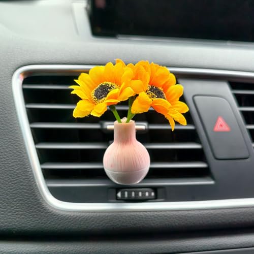 Image of Set of 4 Cute Flower Bouquet Car Air Freshener Vent Clips, Mini Artificial Flowers for Car Air Vent Decoration, Auto Interior Dashboard Ornament Accessories (Sunflower)