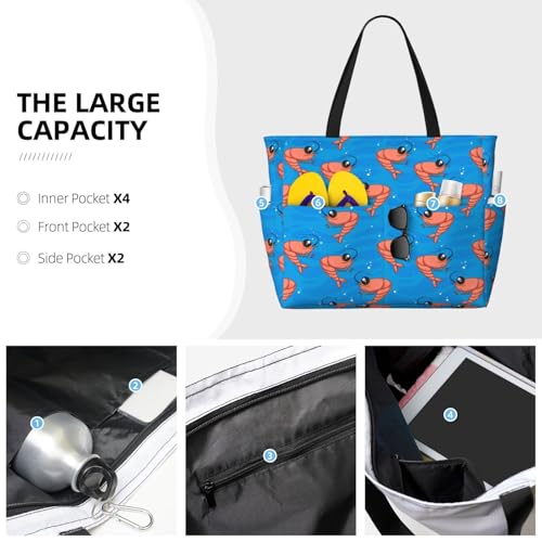 Large Beach Bags Water-resistant Sandproof - Cartoon Shrimp Print Blue Cute Beach Tote Bags for Women with Zipper3