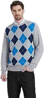 Kallspin Men's Wool Blend Crewneck Sweater Argyle Long Sleeve Pullover Sweater for Casual Or Dressy Wear