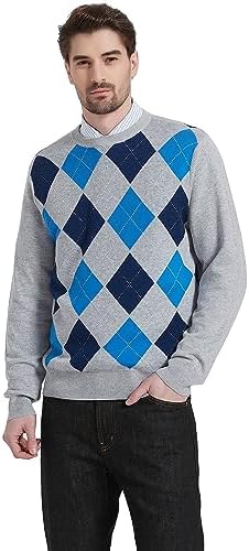 Kallspin Men's Wool Blend Crewneck Sweater Argyle Long Sleeve Pullover Sweater for Casual Or Dressy Wear