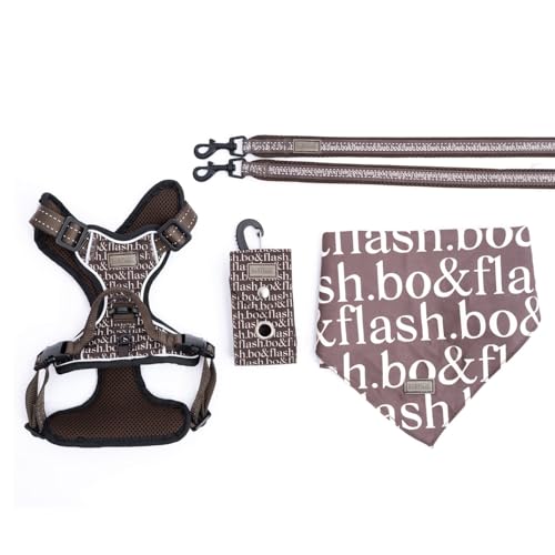 bo&flash Hundegeschirr Set Boston mit robuster Leine – Bequemes Brustgeschirr für unterwegs – 4 tlgs. Atmungsaktives Zuggeschirr mit charmantem Halstuch für kleine Hunde – Taupe – S