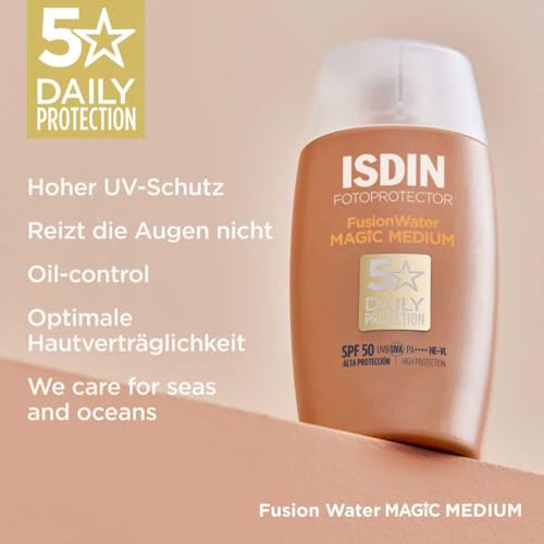 Image of ISDIN Fotoprotector Fusion Water Magic Color SPF 50 PA++++ - Ultralight Tinted Facial Sunscreen - Water-Based, Fast-Absorbing, Oil-Control Formula with Hyaluronic Acid & Vitamin E - 50ml