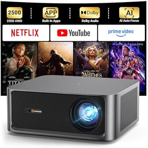 HAPPRUN 2500 ANSI Lumens Outdoor Projector with Built-in Streaming Apps, 4K Decoding Resolution, Dolby Audio, WiFi 6 and Bluetooth 5.2 for Indoor and Outdoor Home Theater