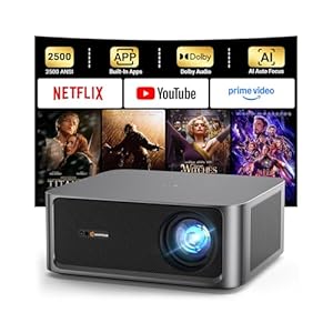 HAPPRUN 2500 ANSI Lumens Outdoor Projector with Built-in Streaming Apps, 4K Decoding Resolution, Dolby Audio, WiFi 6 and Bluetooth 5.2 for Indoor and Outdoor Home Theater