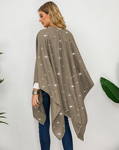 Image of Womens Rhinestones Open Front Poncho Shawl Wrap Cape Ruana Travel Blanket Cardigan