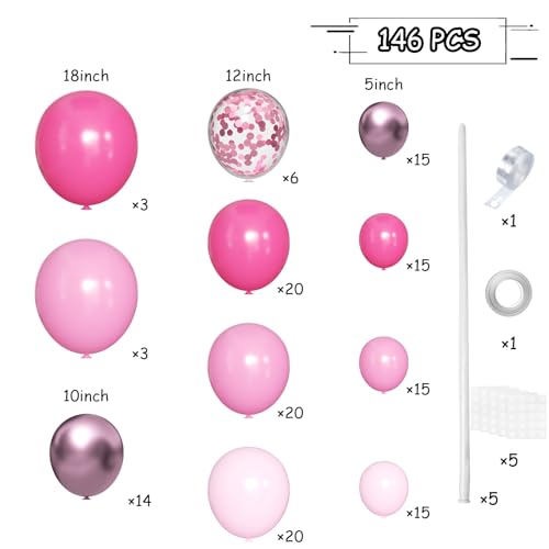 Image of MEBAY Pink Balloon Arch Kit, 146 PCS Hot Pink Light Pastel Pink Metallic Balloons Garland with Confetti for Bridal Baby Shower Birthday Princess Wedding Party Decorations