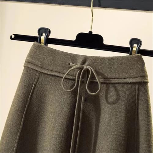 Women High Waist Pleated A Line Skirt Elegant Fall Winter Lace Up Bandage Slim Knitted Midi Skirts Black One Size3