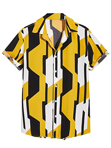 Milumia Men s Casual Geo Print Shirt Short Sleeve Button Down Pocket Front Top Geo Yellow X-Large