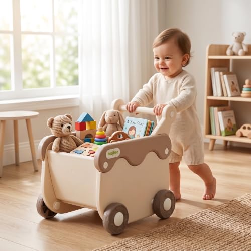 Image of Baybee 2 in 1 Push Walker with Shopping Cart for Kids | Smooth Rolling Wheels, Rounded Edges, WideToy Storage Organizer | Walking Support for Baby Boys & Girls 0-3 Years (White & Brown)