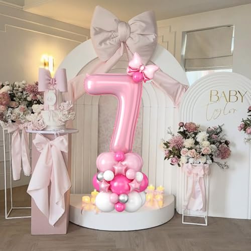 Image of 40 Inch Pink Number 7 Balloon Tower 7th Birthday Decorations for Girls | Large Pastel Baby Hot Pink White Number Seven Foil Balloons Stack Set 7 Years Old Princess Seventh Birthday Party Decorations