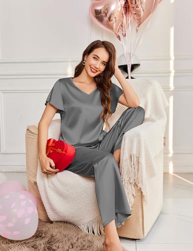 Image of Ekouaer Women's Satin Silky Pajama Set 2 Piece Short Sleeve Shirt with Long Pants Pjs Sets Soft PJ Loungewear S-XXL