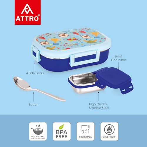 Image of Attro Food Time Deluxe Stainless Steel Lunch Box with 1 Small Container & Eyecatchy Prints Airtight & Spillproof - 750ml+250ml Football Light Blue Dark Blue