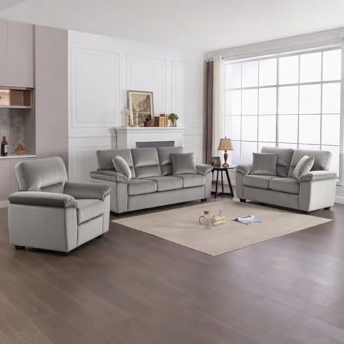 Image of Anderson 6 Seater Fabric Sofa Set (3+2+1) Light Grey, Premium Velvet Finish Upholstery, Solid Wood Frame, High Density Foam Cushions, Modern Living Room Furniture, Comfortable Sofa for Home