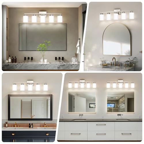 Image of FonmYim Brushed Nickel Bathroom Light Fixtures, 5-Light Modern Vanity Light Over Mirror, Wall Sconces with Milky White Frosted Glass Shades, E26 Socket (Bulbs Not Included)