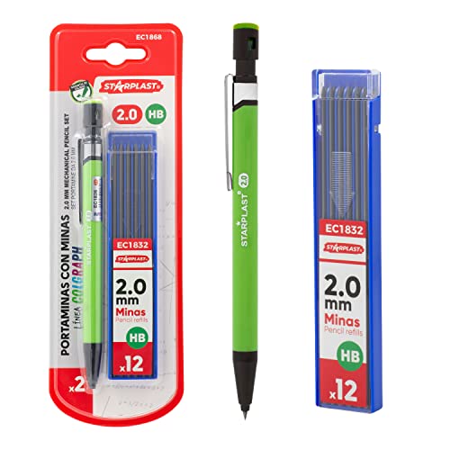 Starplast PORTAMINAS RETRACTIL + MINAS Minas de grafito punta cónica 2mm, con antideslizante y clip de metal - VERDE