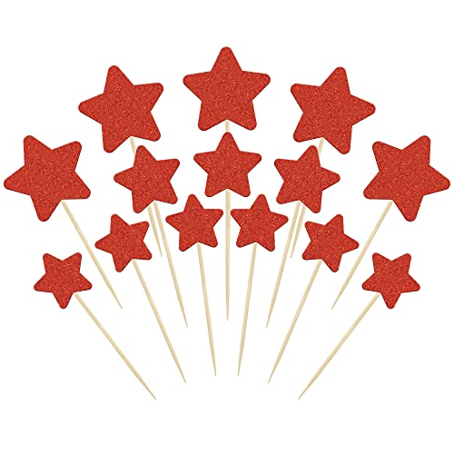 Gyufise 42Pcs Red Glitter Star Cupcake Toppers Mixed Size Twinkle Little Star Cupcake Picks Decorations for Wedding Anniversary Baby Shower Birthday Party Supplies
