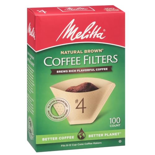 Melitta #4 Cone Coffee Filters, Natural Brown, 100 Count (Pack Of 6), 600 Total Filters - Fits all 8-12 Cup Cone Coffee Makers and Pour-Overs, Compostable, Tear-Resistant, Made in USA