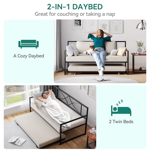 DWVO Twin Daybed Frame with Trundle, Metal Sofa Bed with Adjustable Height, Twin Size Mattress Foundation with Steel Slat Support for Guest Room Living Room - Black
