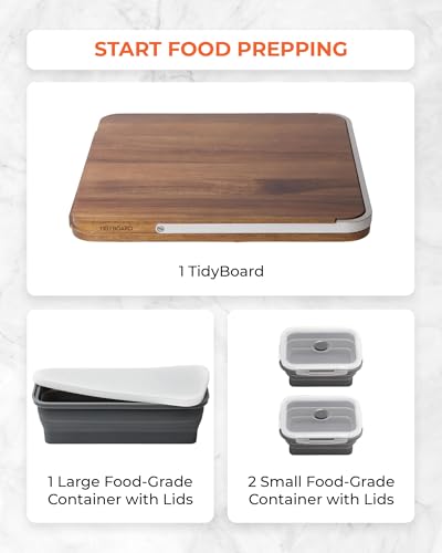 Tabla de Cortar para Preparación de Comidas TidyBoard con Contenedores - Tabla de Madera de Acacia con Contenedores y Tapas de Silicona - Estación para Preparación de Comidas - Tabla de Cortar para Colocar sobre el Fregadero (Pack Base, Gris) miniatura 7