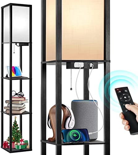 OUTON Floor Lamp with Shelves, Dimmable Shelf Floor Lamp with Remote Control, 1USB & 1 Type C Ports, 1 Power Outlet, Modern Standing Lamp with 4 Color Temperature for Living Room, Bedroom, Matte Black