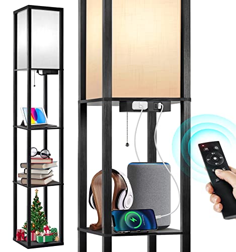 Outon Floor Lamp With Shelves, Dimmable Shelf Floor Lamp With Remote Control, 1Usb & 1 Type C Ports, 1 Power Outlet, Modern Standing Lamp With 4 Color Temperature For Living Room, Bedroom, Matte Black #TOP9