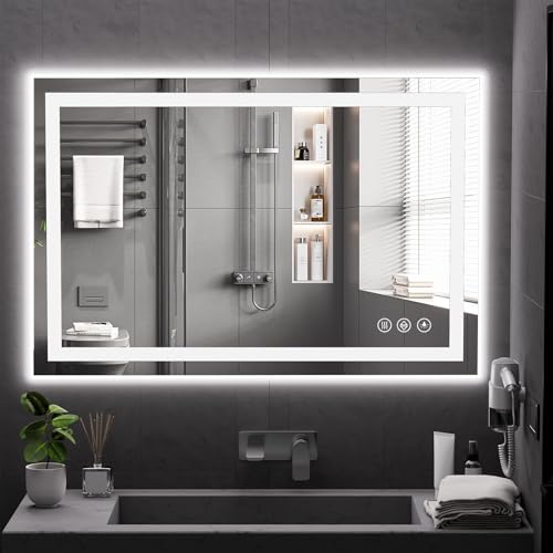 Koonmi 32x48 LED Bathroom Mirror, Backlit + Front Lit, LED Bathroom Mirror with Lights for Wall, 3 Colors, Anti-Fog, Dimmable Brightness, Memory Function, Tempered Glass