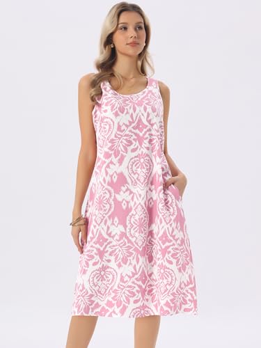 Image of Seta T Women's Summer Dresses Beach Casual Sleeveless Sundress Crewneck Print Loose Midi Tank Dress with Pockets