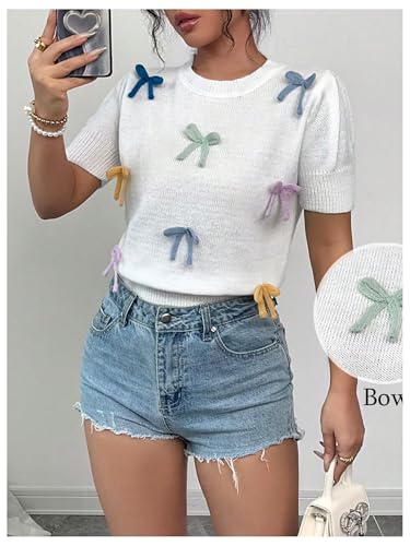 OYOANGLE Women's Colorful Bow Short Sleeve Sweater Crew Neck Tight Hem Knitted Pullover Tops4