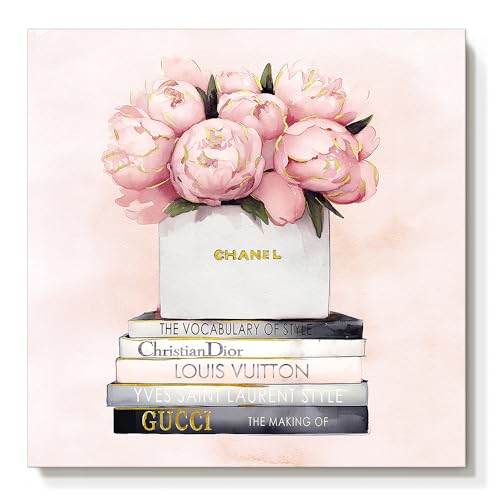 Image of cozy country Chanel-Inspired Canvas Wall Art - 20x20 Inches Luxury Fashion Artwork Print, Featuring Perfume, Books & Flowers, Perfect for Bathroom & Lady's Room Decor