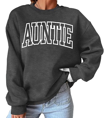 LOTUCY Womens Aunt Sweatshirt Cool Aunt Crewneck Sweatshirt Auntie Letter Print Long Sleeve Pullover Top Dark Grey — view 4