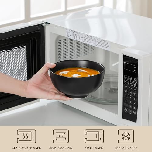 Image of MALACASA 26 Oz Black Ceramic Bowls Set of 6,Cereal & Soup Bowl for Kitchen | Perfect for soup, cereal, ramen, rice, oatmeal & salad; Scratch-resistant ; stackable, microwave, oven & dishwasher safe