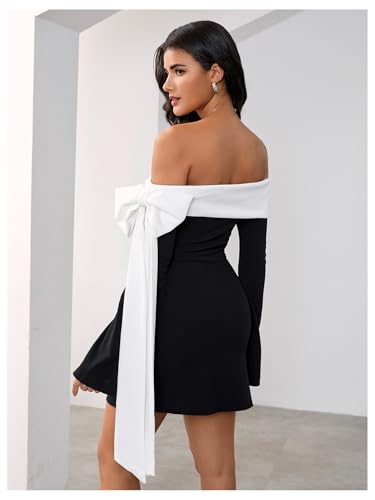 MakeMeChic Women's Off The Shoulder Bell Sleeve Mini Dress Bowknot Cocktail Party Bodycon Dresses2