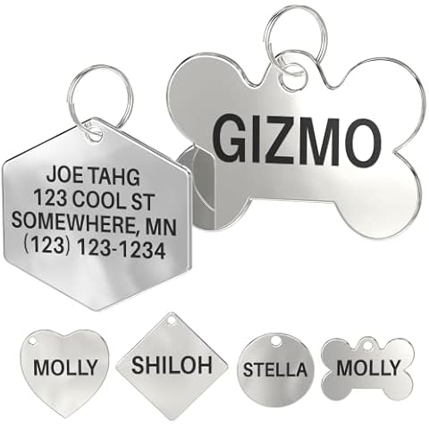 Dr. Fremont's Stainless Steel Pet ID Tags Engraved and Personalized for Dogs and Cats on Both Sides in Bone, Heart, Circle Round, Hexagon, and Diamond Cover