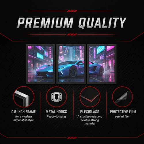 Image of BeauKraft Supercar Racing Poster Set for Wall - 3 Panel Split Posters (13x17 in Each, Framed), Sports Car Wall Art Decor for Boys Room, Living Room, Garage & Men's Bedroom (Framed - Blue)