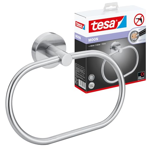 tesa Moon Handtuchring, Edelstahloptik - Handtuchhalter-Ring oval - zur Wandbefestigung ohne Bohren, inkl. Klebelösung - 185mm x 125mm x 50mm