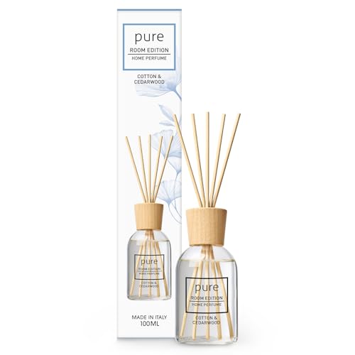 PURE ROOM EDITION 100ml Raumduft Baumwolle & Zedernholz: natürliche Inhaltsstoffe, vegan & tierversuchsfrei, Bio-Alkohol, Diffuser mit Stäbchen hergestellt in Italien