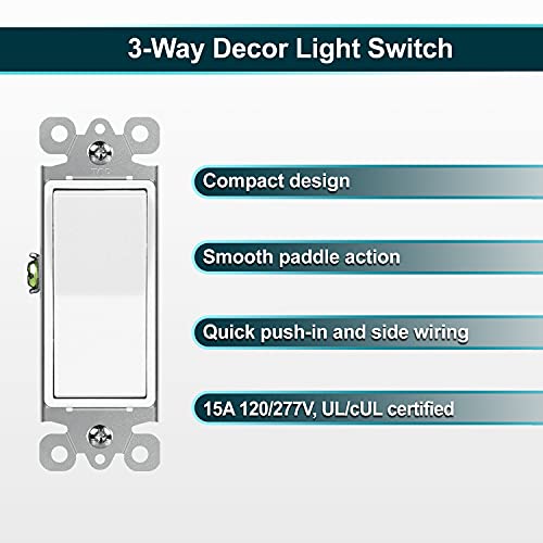 [30 Pack] Bestten 3-Way Decorator Wall Light Switch, 15A/120V, Paddle Wall Switch, On/Off Rocker Interrupter, Etl Listed,White #TOP1