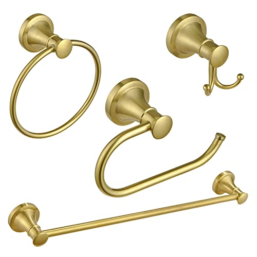 BESy Brushed Gold 4 Piece Bathroom Accessories Set ( Single Towel Bar, Towel Ring, Toilet Paper Holder, Double Towel Hooks ) , Wall Mounted Bath Hardware Accessory Fixtures Set BESy Brushed Gold 4 Piece Bathroom Accessories Set ( Single Towel Bar, Towel Ring, Toilet Paper Holder, Double Towel Hooks ) , Wall Mounted Bath Hardware Accessory Fixtures Set