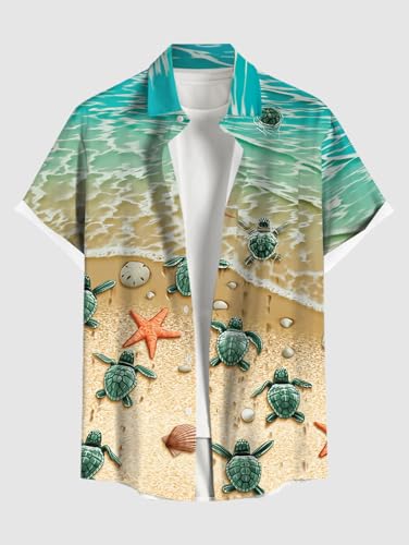 Image of Matchable Couple Hawaiian Sea Beach Starfish Turtle Shell Print Shirt or Plus Size Midi Split A Line Dress
