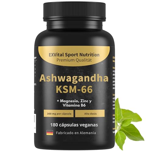 Ashwagandha KSM-66, Materia prima premium, 600 mg por día, 180 cápsulas (para 3 meses), probado en laboratorio, vegano, altamente dosificado y fabricado en Alemania