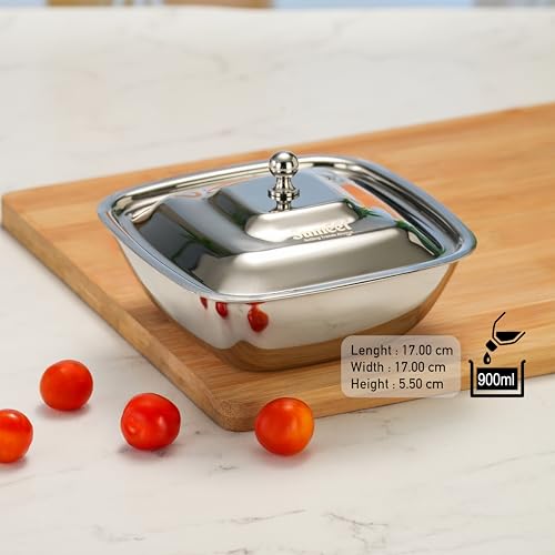 Image of Sumeet Stainless Steel Square Serving Bowl /Curry Bowl /Gravy Pot with lid, 900ml capacity, 17cm Dia, Set of 2 Pcs, Silver
