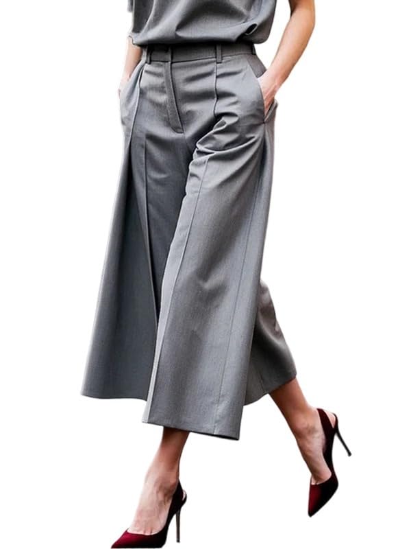 UOOZEE Womens Cropped Wide Leg Pants Elastic High Waist Trousers with Pocket Business Casual Work Summer Pants
