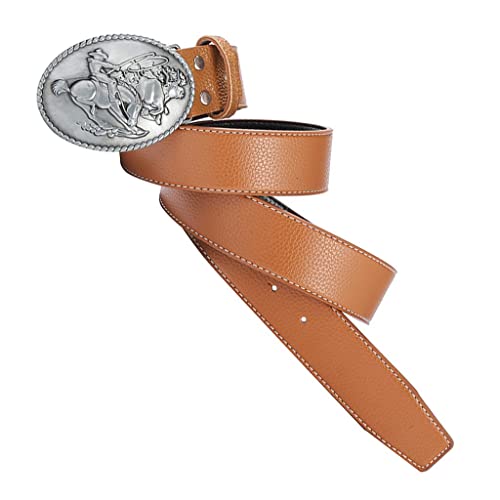Leather Cowboy Belt with Decorative Buckle, Brown, 120cm